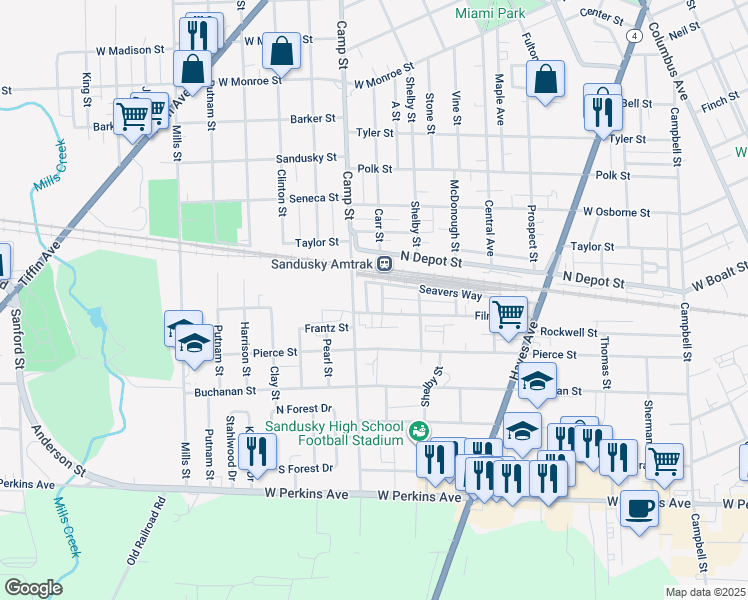 map of restaurants, bars, coffee shops, grocery stores, and more near 1303 Filmore Street in Sandusky