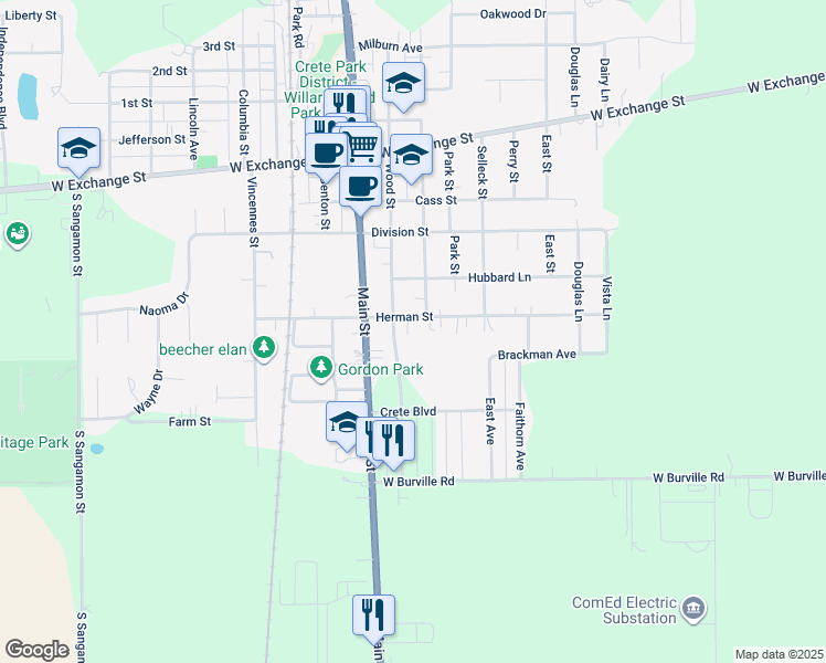 map of restaurants, bars, coffee shops, grocery stores, and more near 1529 Wood Street in Crete