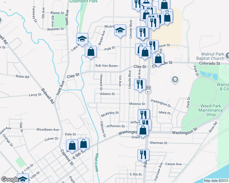 map of restaurants, bars, coffee shops, grocery stores, and more near 1210 1st Avenue in Muscatine