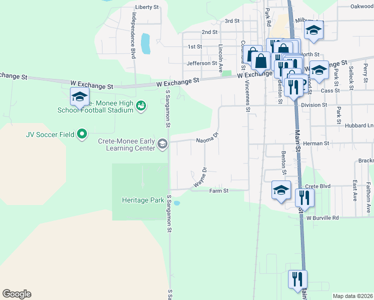 map of restaurants, bars, coffee shops, grocery stores, and more near 20 Joyce Court in Crete