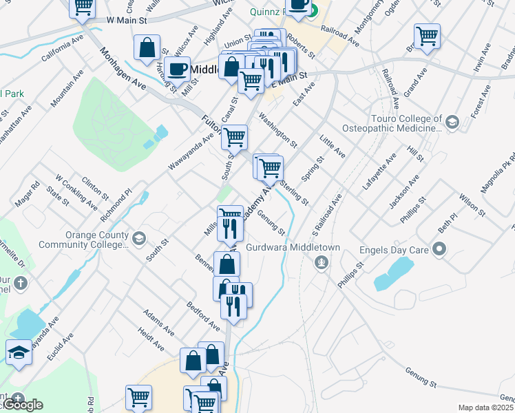 map of restaurants, bars, coffee shops, grocery stores, and more near 104 Academy Avenue in Middletown