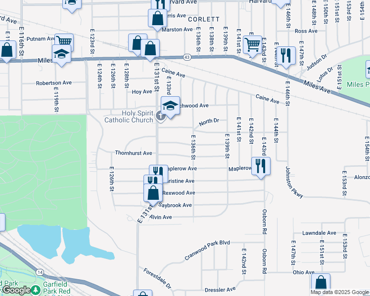 map of restaurants, bars, coffee shops, grocery stores, and more near 13513 Thornhurst Avenue in Garfield Heights