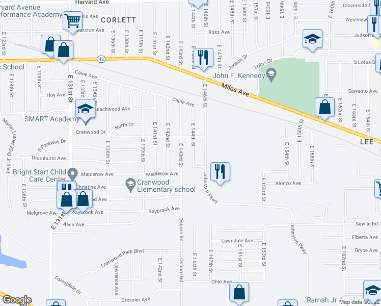 map of restaurants, bars, coffee shops, grocery stores, and more near 4416 East 144th Street in Cleveland