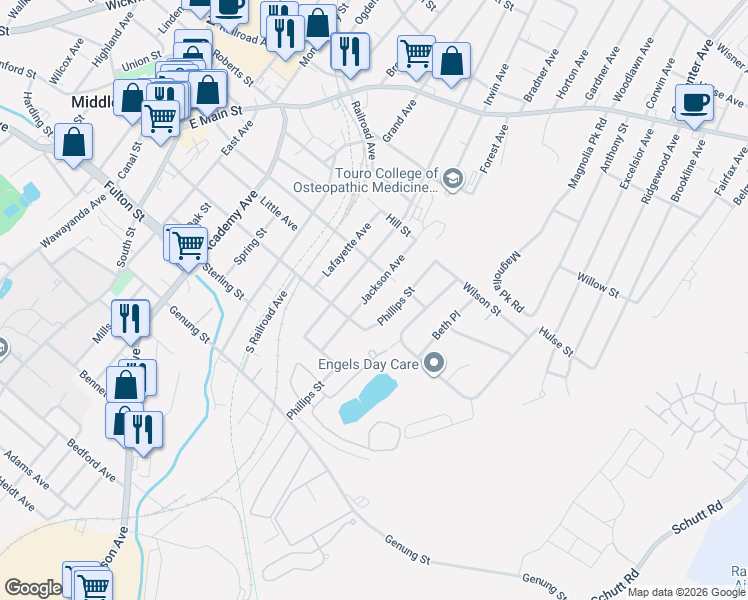 map of restaurants, bars, coffee shops, grocery stores, and more near 4749 Phillips Street in Middletown