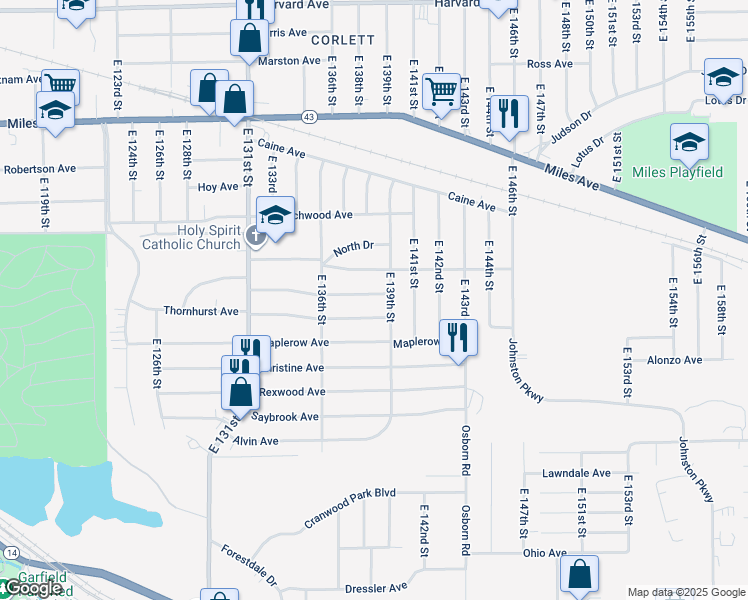 map of restaurants, bars, coffee shops, grocery stores, and more near 13808 South Parkway Drive in Garfield Heights