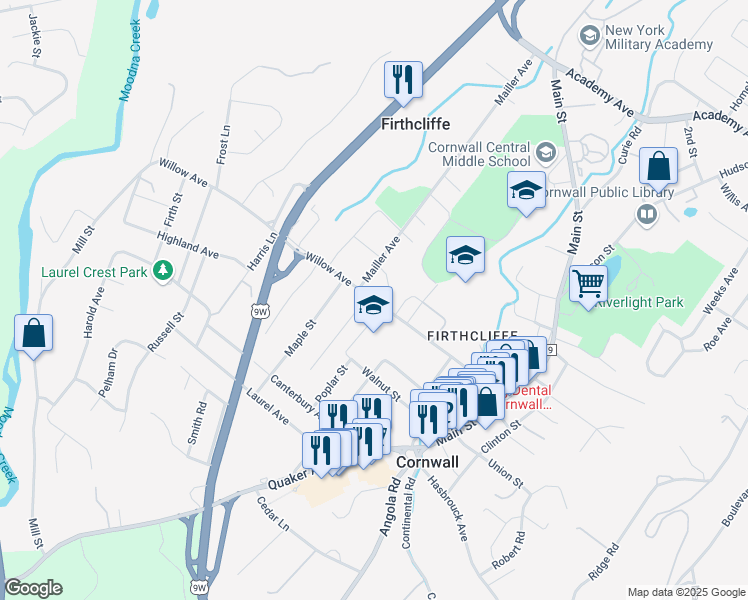 map of restaurants, bars, coffee shops, grocery stores, and more near 66 Willow Avenue in Cornwall
