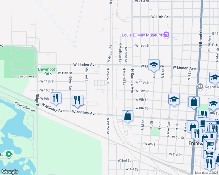 map of restaurants, bars, coffee shops, grocery stores, and more near 1010 North Pierce Street in Fremont