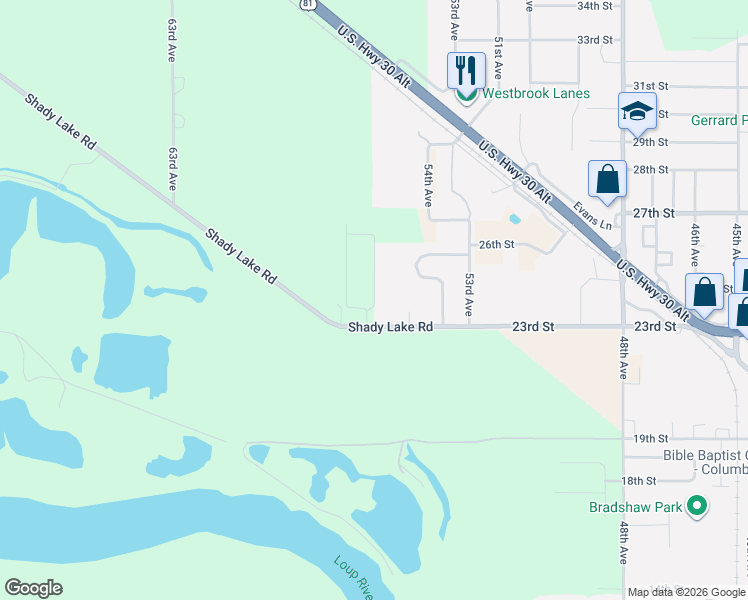 map of restaurants, bars, coffee shops, grocery stores, and more near Shady Lake Road in Columbus