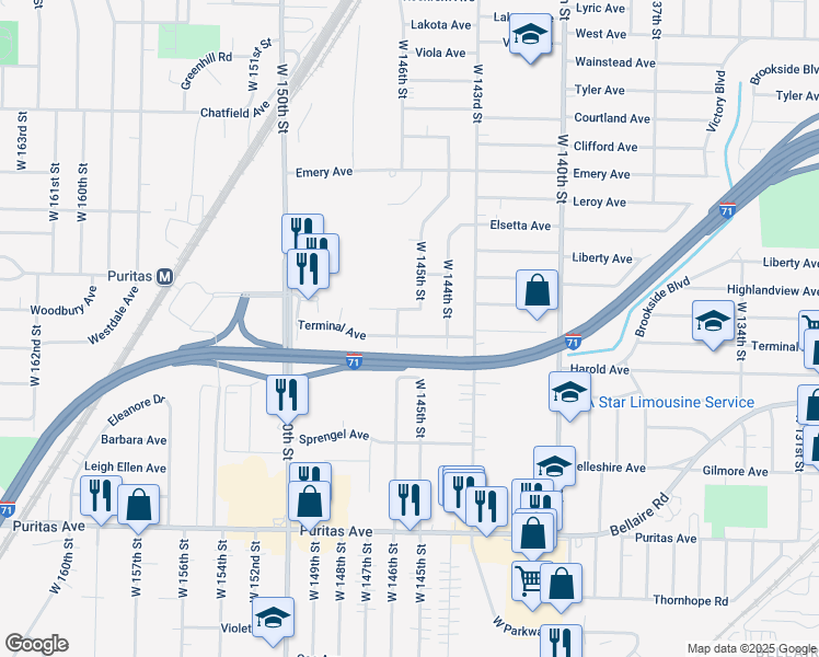 map of restaurants, bars, coffee shops, grocery stores, and more near 14513 Terminal Avenue in Cleveland