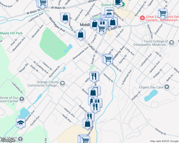 map of restaurants, bars, coffee shops, grocery stores, and more near 15 Mills Avenue in Middletown