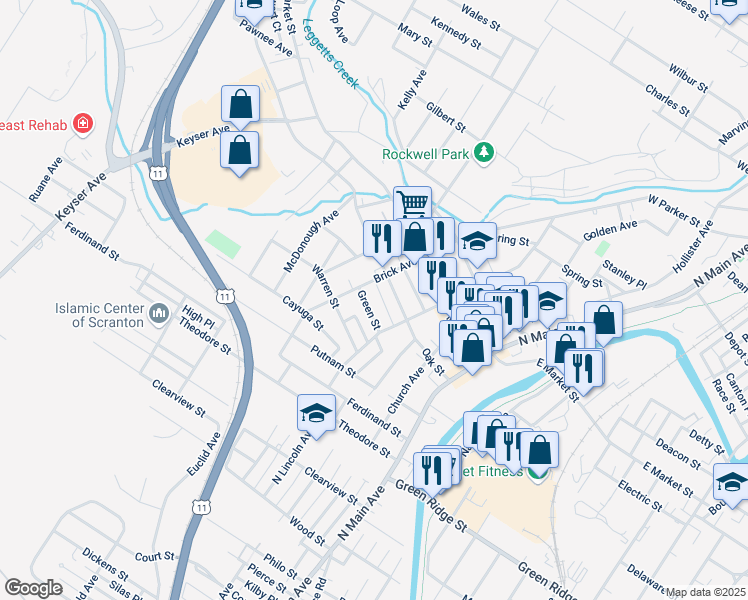 map of restaurants, bars, coffee shops, grocery stores, and more near 1759 Wayne Avenue in Scranton