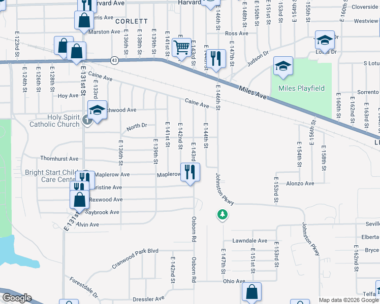 map of restaurants, bars, coffee shops, grocery stores, and more near 4436 East 143rd Street in Cleveland