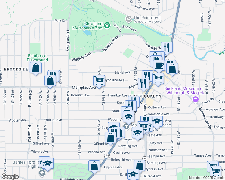 map of restaurants, bars, coffee shops, grocery stores, and more near 3824 Henritze Avenue in Cleveland