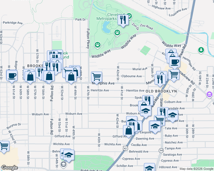 map of restaurants, bars, coffee shops, grocery stores, and more near 4403 Henritze Avenue in Cleveland