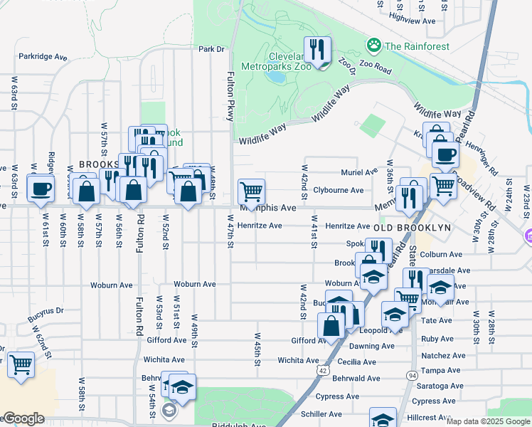 map of restaurants, bars, coffee shops, grocery stores, and more near 4403 Henritze Avenue in Cleveland
