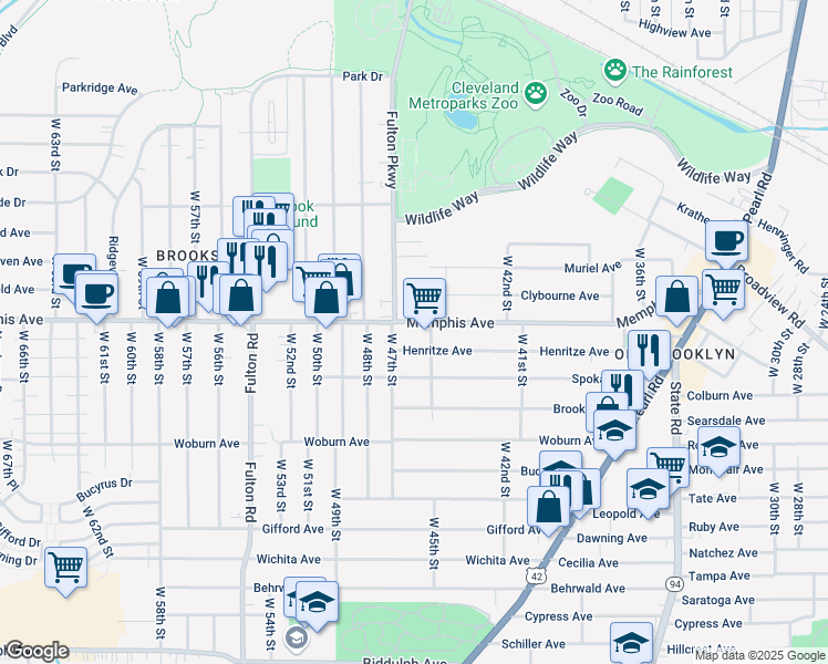 map of restaurants, bars, coffee shops, grocery stores, and more near 4514 Henritze Avenue in Cleveland
