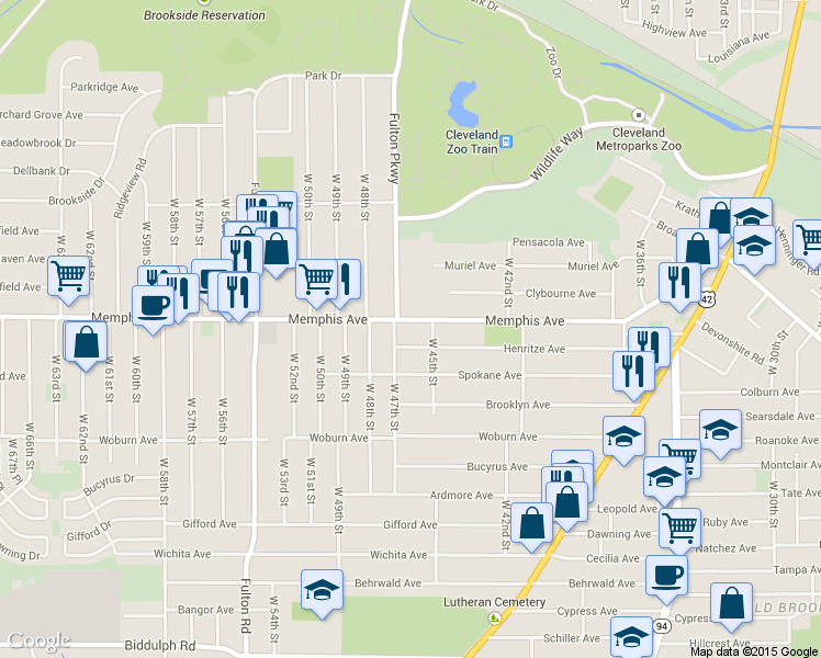 map of restaurants, bars, coffee shops, grocery stores, and more near 4514 Henritze Avenue in Cleveland
