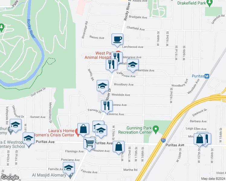 map of restaurants, bars, coffee shops, grocery stores, and more near 17507 Westdale Avenue in Cleveland
