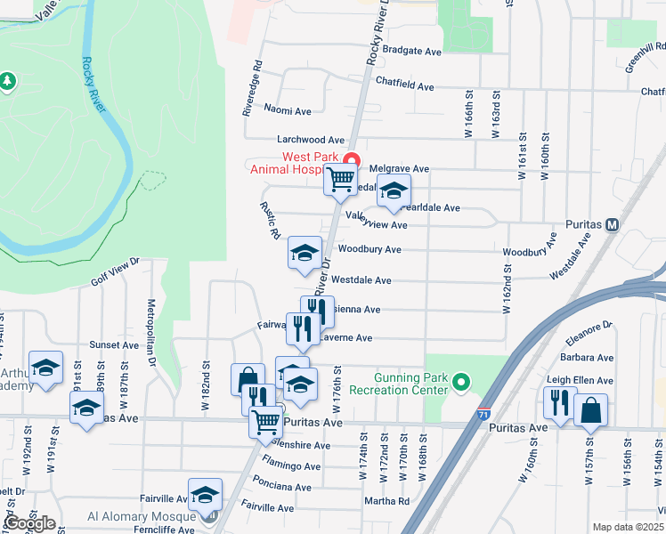 map of restaurants, bars, coffee shops, grocery stores, and more near 17507 Westdale Avenue in Cleveland