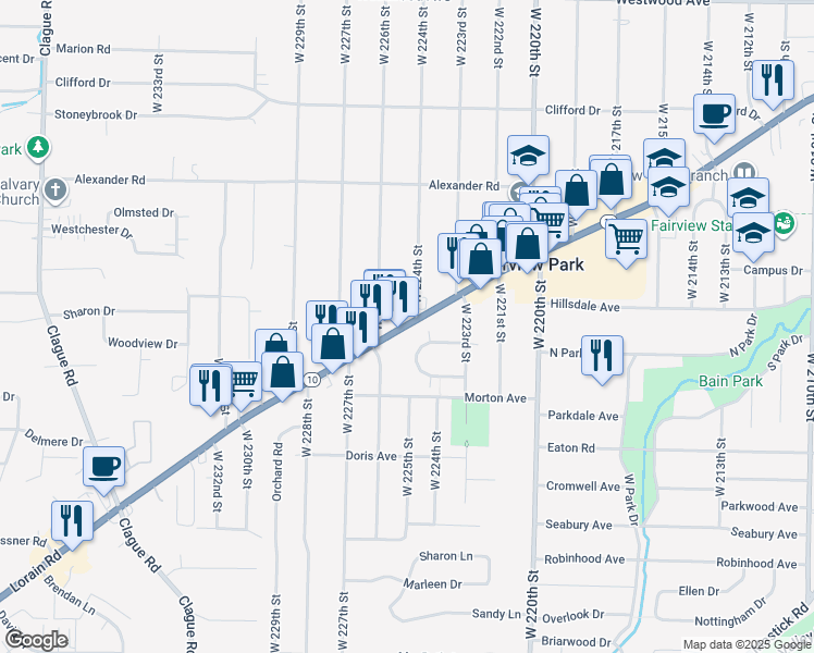 map of restaurants, bars, coffee shops, grocery stores, and more near 22429 Fairlawn Circle in Fairview Park
