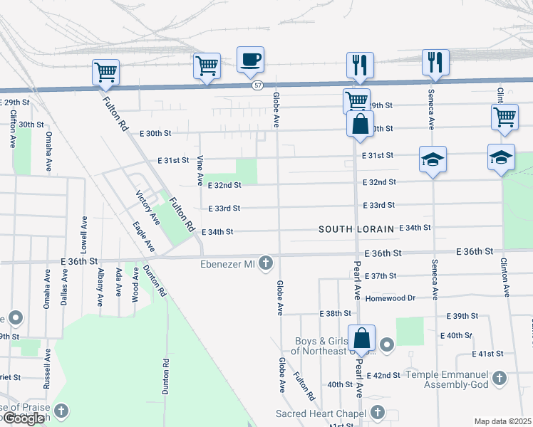 map of restaurants, bars, coffee shops, grocery stores, and more near 1695 East 34th Street in Lorain