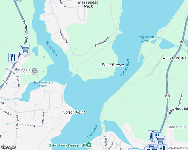 map of restaurants, bars, coffee shops, grocery stores, and more near 53 Point Breeze Road in Montville