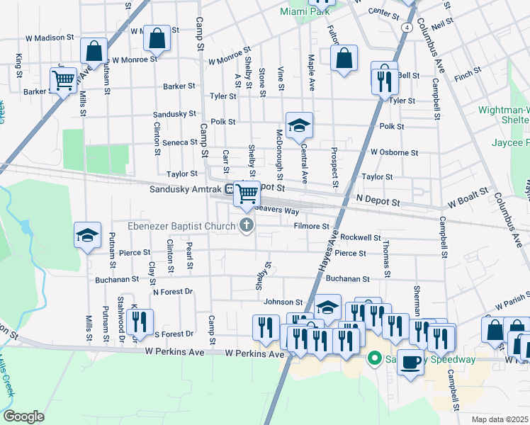 map of restaurants, bars, coffee shops, grocery stores, and more near 1005 Filmore Street in Sandusky