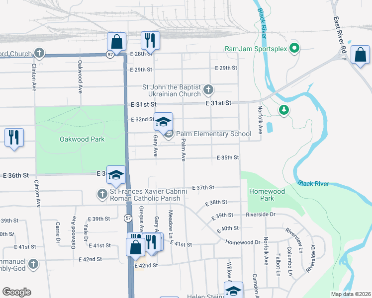 map of restaurants, bars, coffee shops, grocery stores, and more near 2409 East 35th Street in Lorain