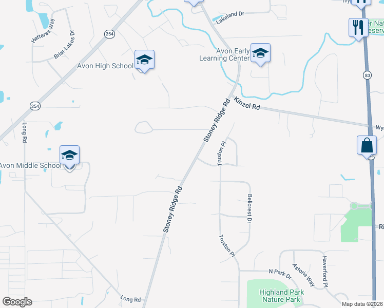map of restaurants, bars, coffee shops, grocery stores, and more near 3443 Stoney Ridge Road in Avon