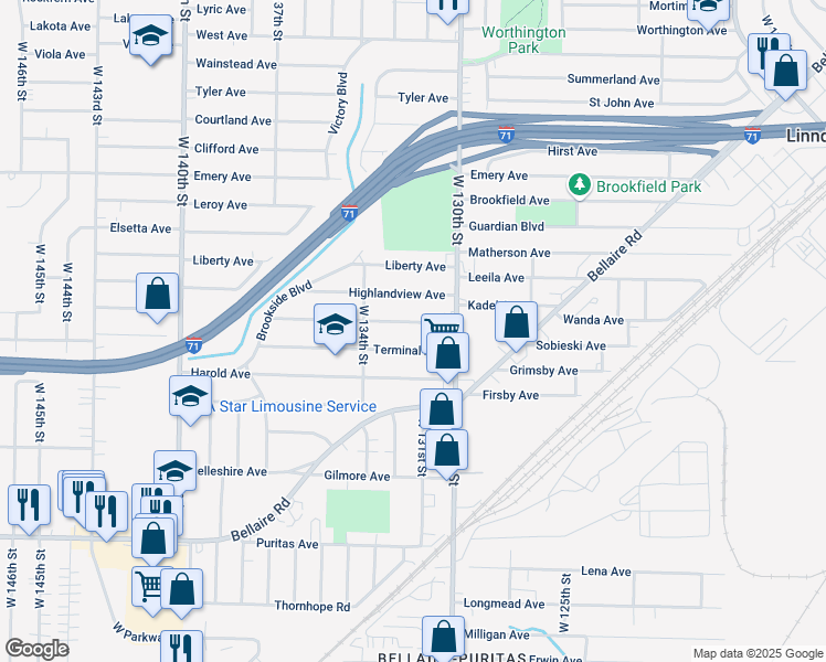 map of restaurants, bars, coffee shops, grocery stores, and more near 13113 Terminal Avenue in Cleveland