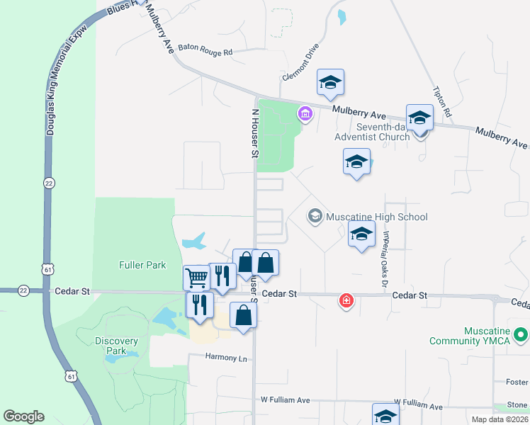map of restaurants, bars, coffee shops, grocery stores, and more near 4 Jacqueline Drive in Muscatine