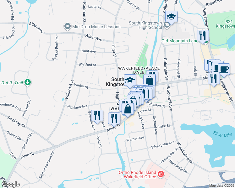 map of restaurants, bars, coffee shops, grocery stores, and more near 83 High Street in South Kingstown