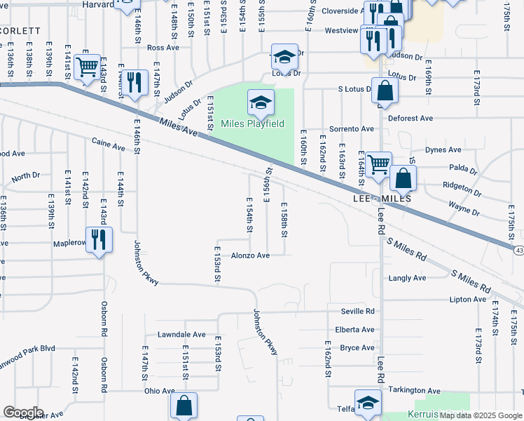 map of restaurants, bars, coffee shops, grocery stores, and more near 4421 East 156th Street in Cleveland