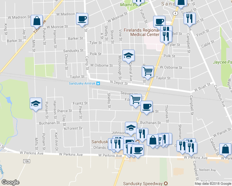 map of restaurants, bars, coffee shops, grocery stores, and more near 1014 Seavers Way in Sandusky