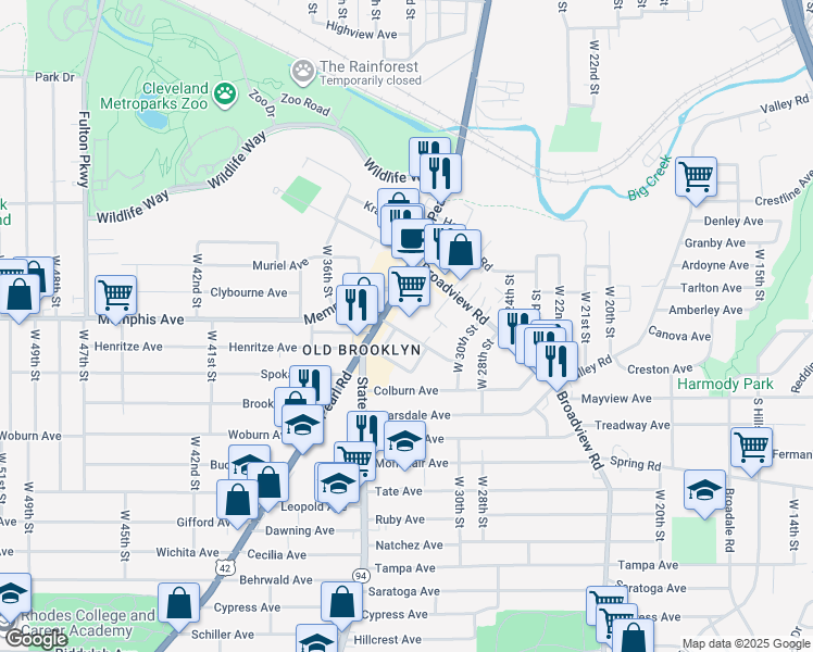 map of restaurants, bars, coffee shops, grocery stores, and more near 4229 Pearl Road in Cleveland