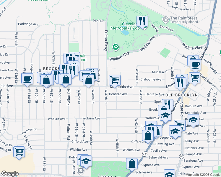 map of restaurants, bars, coffee shops, grocery stores, and more near 4601 Memphis Avenue in Cleveland