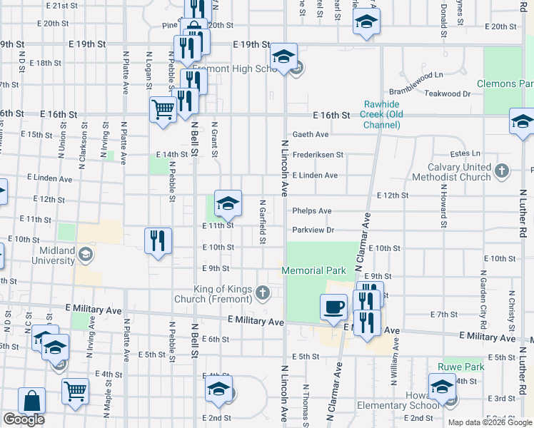 map of restaurants, bars, coffee shops, grocery stores, and more near 1445 East 11th Street in Fremont