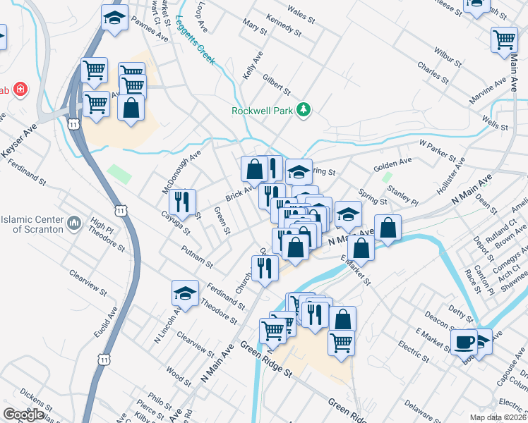 map of restaurants, bars, coffee shops, grocery stores, and more near 1816 Wayne Ave in Scranton
