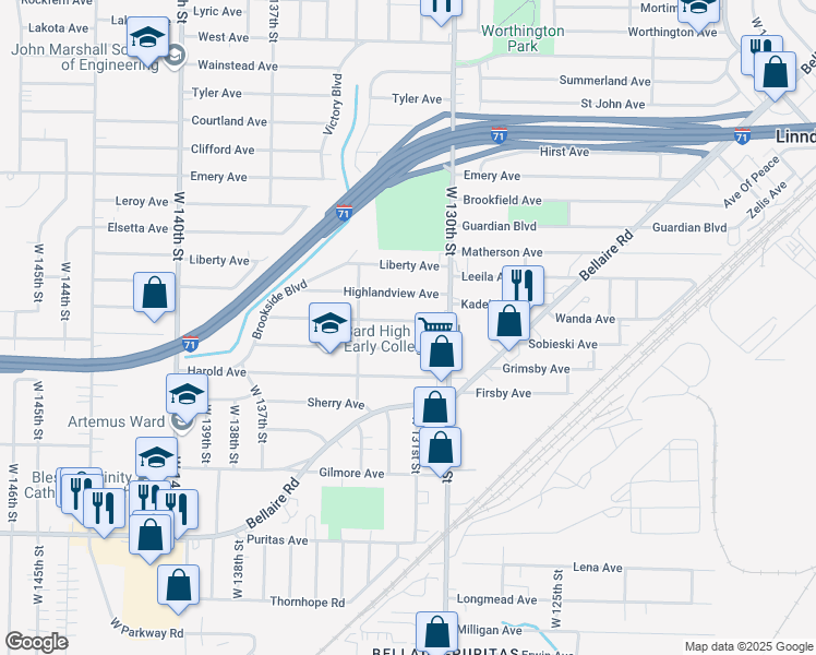 map of restaurants, bars, coffee shops, grocery stores, and more near 13113 Terminal Avenue in Cleveland