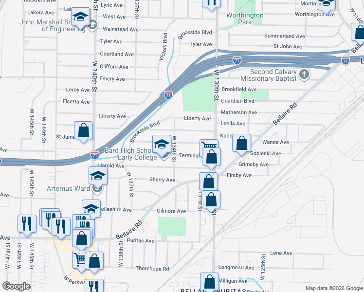 map of restaurants, bars, coffee shops, grocery stores, and more near 13309 Terminal Avenue in Cleveland