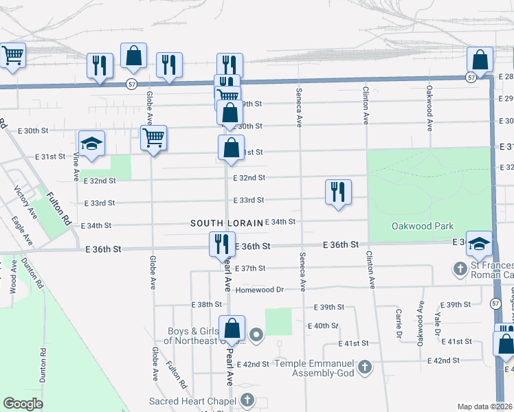 map of restaurants, bars, coffee shops, grocery stores, and more near 1853 East 34th Street in Lorain