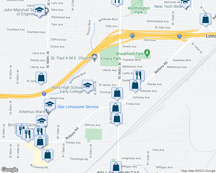 map of restaurants, bars, coffee shops, grocery stores, and more near 13113 Saint James Avenue in Cleveland
