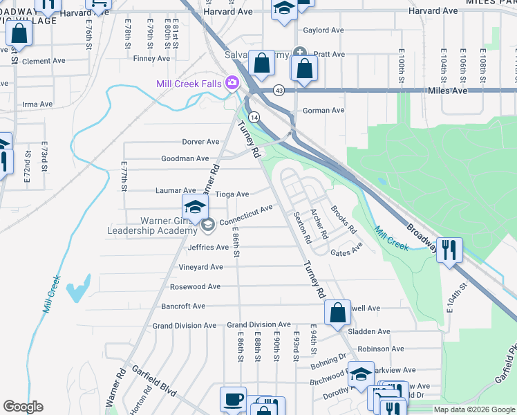 map of restaurants, bars, coffee shops, grocery stores, and more near 8801 Macomb Avenue in Cleveland