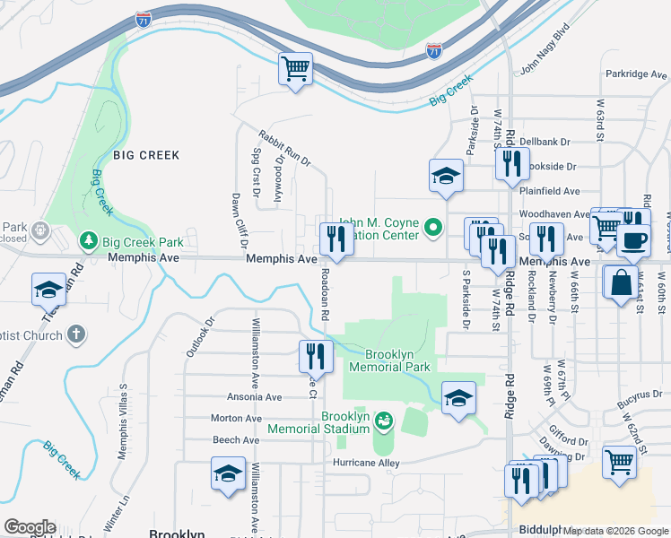 map of restaurants, bars, coffee shops, grocery stores, and more near 4317 Roadoan Road in Brooklyn