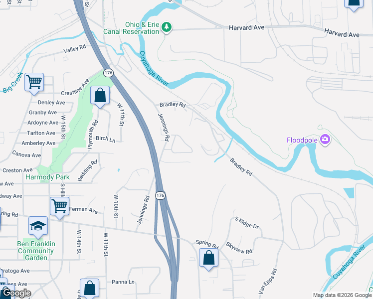 map of restaurants, bars, coffee shops, grocery stores, and more near 836 Gino Lane in Cleveland
