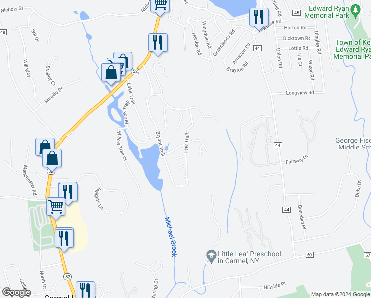 map of restaurants, bars, coffee shops, grocery stores, and more near 222 Pine Trail in Carmel