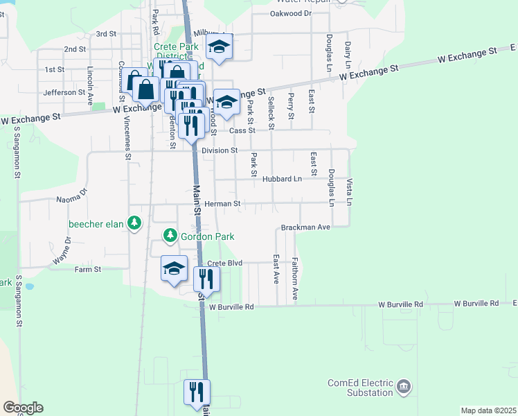 map of restaurants, bars, coffee shops, grocery stores, and more near 406 Herman Street in Crete