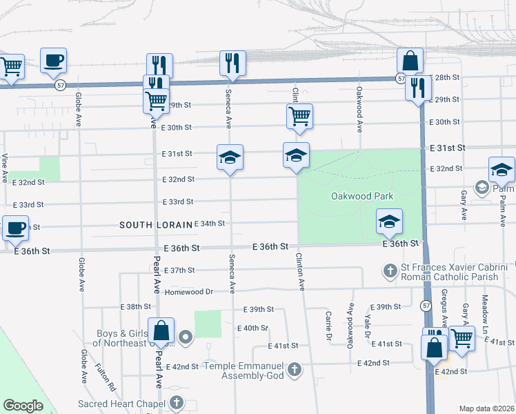 map of restaurants, bars, coffee shops, grocery stores, and more near 1950 East 33rd Street in Lorain