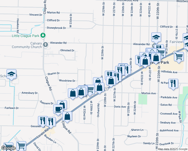 map of restaurants, bars, coffee shops, grocery stores, and more near 4330 West 229th Street in Fairview Park