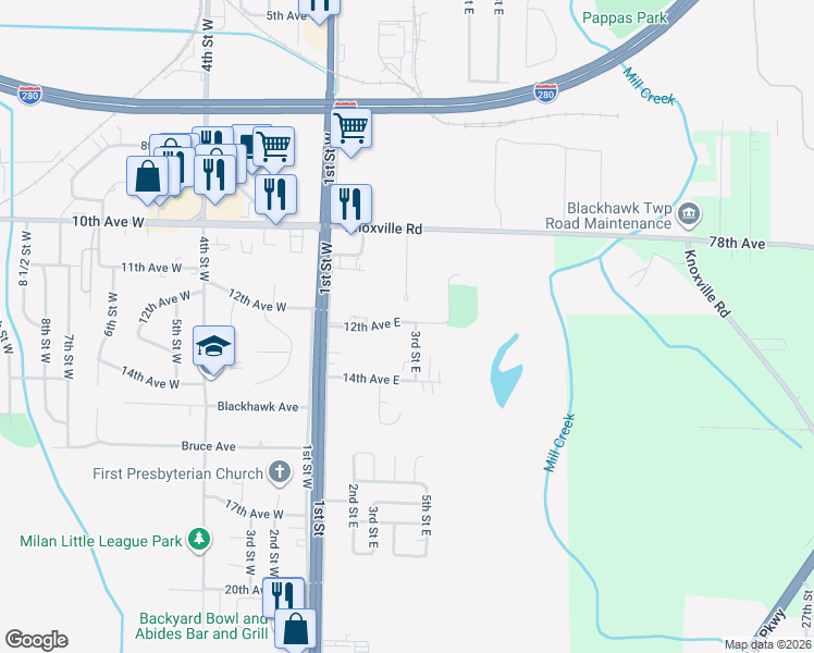 map of restaurants, bars, coffee shops, grocery stores, and more near 1121 3rd Street East in Milan
